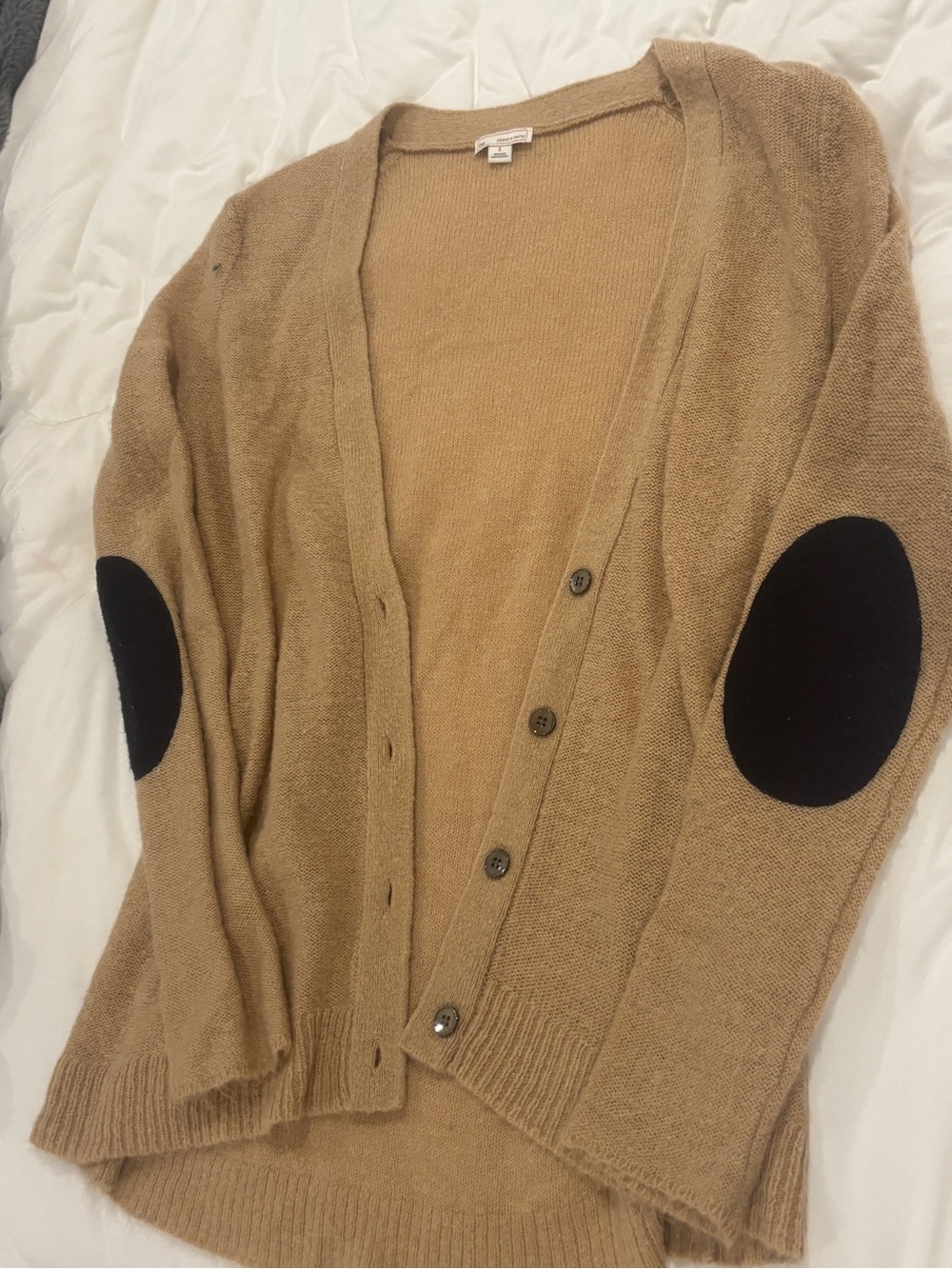 GAP Camel Cardigan with Navy Elbow Patches